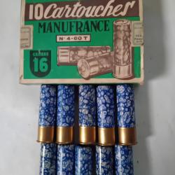 Bo&icirc;te de10 cartouches anciennes cal 16 MF Douilles cartons  mouchet&eacute;es bleues