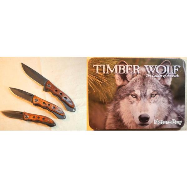 canifs et couteau dans une boite m�tallique orn�e d'une t�te de loup TIMBER WOLF ref EBR24CAN006
