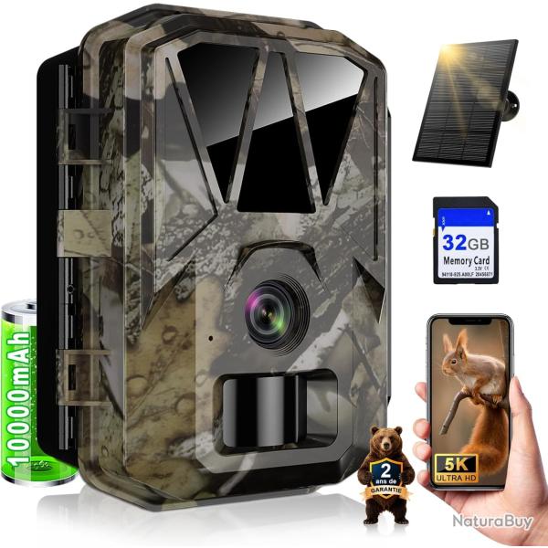Cam�ra Chasse Solaire 5K/64MP WiFi Batterie10000mAh SD 32GB Angle 120� �tanche IP66 Vision Nocturne