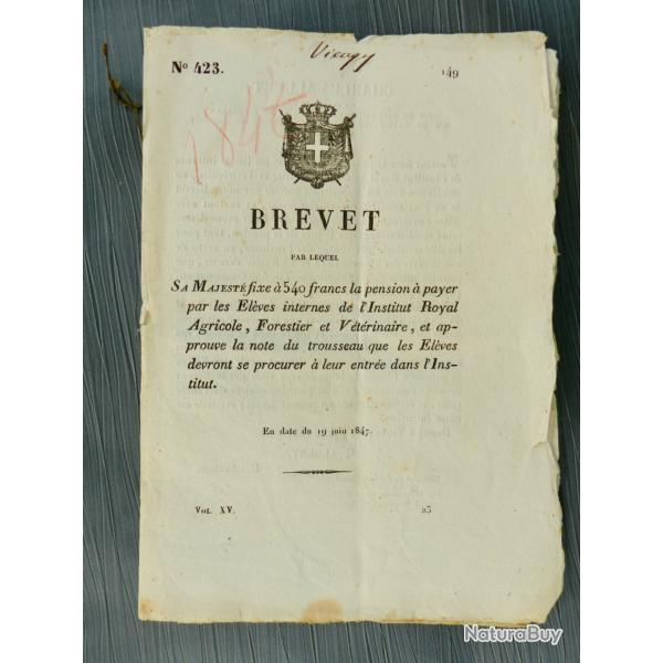 Brevets Royaux 1847 - Institut Agricole, Forestier et V�t�rinaire - Chamb�ry