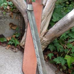 Katana Couteau Tanto Damas Lame 256 Couches Manche Bois Fabrication Artisanale Etui Cuir