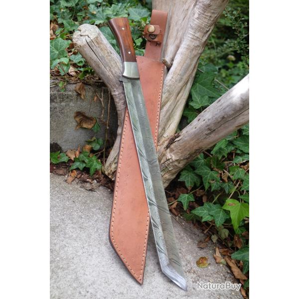 Katana Couteau Tanto Damas Lame 256 Couches Manche Bois Fabrication Artisanale Etui Cuir