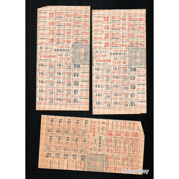 tickets de rationnement  viande type d juin 1947 lot 3 planches