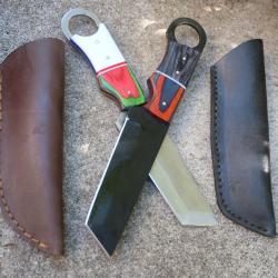 Lot de 2 Couteau Karambit Tactical Lame Tanto Acier Carbone 1055 Manche ABS/Bois Etui Fab Artisanale