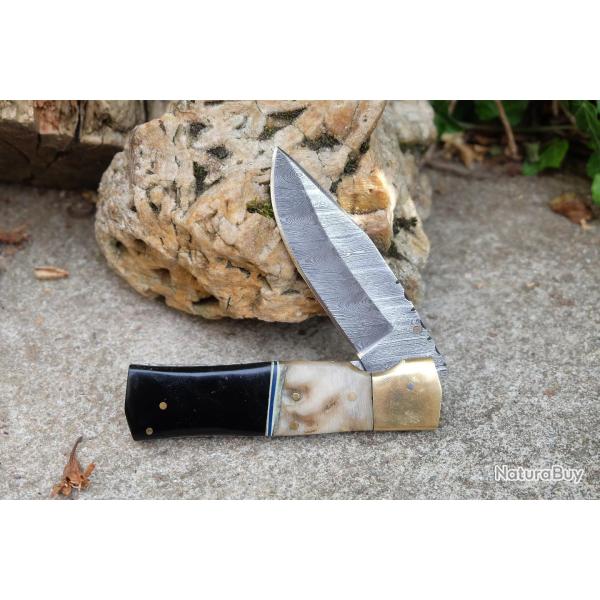 Beau Couteau Damas Lame Drop Point 128 Couches Manche B�lier & R�sine Fabric Artisanale Linerlock