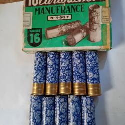 Bo&icirc;te de10 cartouches anciennes cal 16 MF MOUCHET&Eacute;ES BLEUES  nom d'armurier