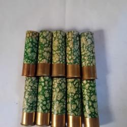 Lot de 10 belles cartouches anciennes cal 16 MF douilles cartons mouchet&eacute;es vertes