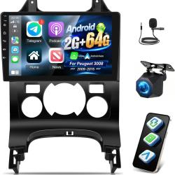 Autoradio 2+64G pour Peugeot 3008 2009-2015 sans Fil Carplay Android Auto &Eacute;cran Tactile HD de 9 pouc