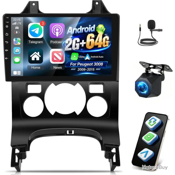Autoradio 2+64G pour Peugeot 3008 2009-2015 sans Fil Carplay Android Auto �cran Tactile HD de 9 pouc