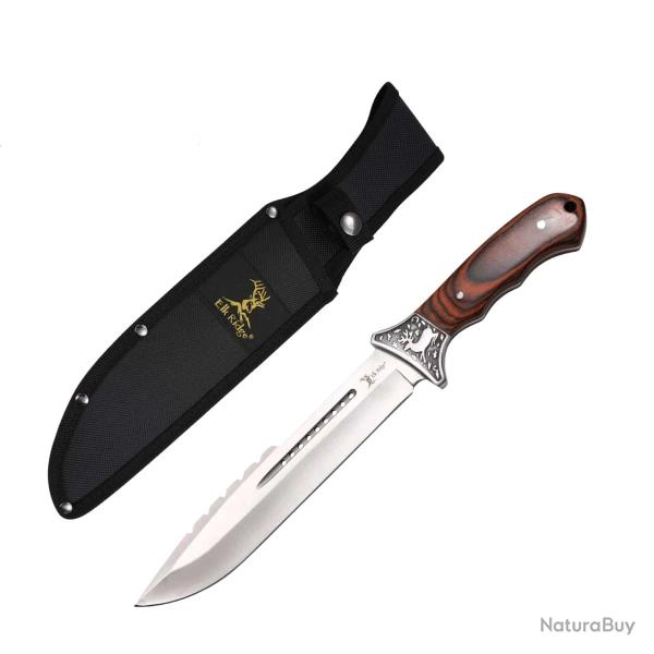 Couteau Fixe Elk Ridge Grande Lame Acier 3Cr13MoV Manche Bois Marron Etui Nylon ERFIX122