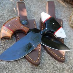 Lot de 2 Couteau Push Dagger Lame Acier Carbone 1055 Black Manche Bois & R&eacute;sine F Artisanale Etui 00