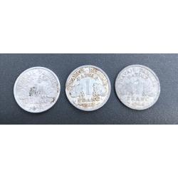 3 Pi&egrave;ces 1 franc Francisque   ETAT FRANCAIS WW2 1942/1943/1944 P&eacute;tain