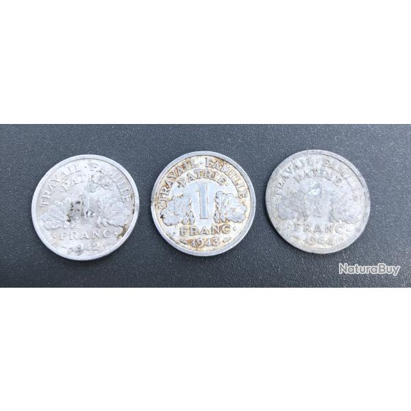 3 Pi�ces 1 franc Francisque   ETAT FRANCAIS WW2 1942/1943/1944 P�tain