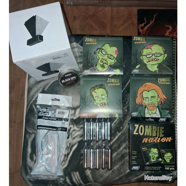Pack tir plombs cal.4.5 - 20 capsules co2 12g + porte cible + cibles zombi + lunette de protection