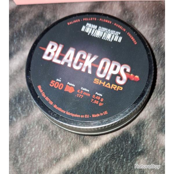 Pack plombs Black Ops Sharp � t�te pointue - Cal. 4.5 + 10 capsules Co2 12g + 25 cible 14x14