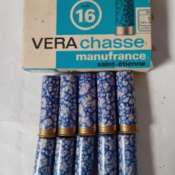 Bo&icirc;te de10 cartouches anciennes cal 16 VERA CHASSE MF douilles cartons mouchet&eacute;es bleues