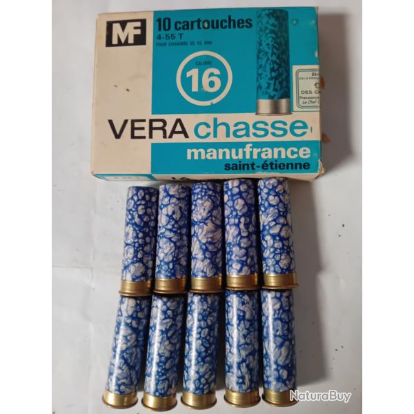 Bo�te de10 cartouches anciennes cal 16 VERA CHASSE MF douilles cartons mouchet�es bleues