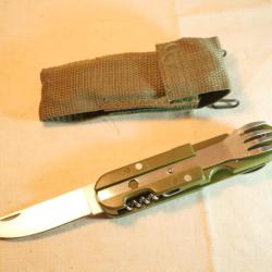 Ensemble canif et couverts kaki avec &eacute;tui tissus kaki et crochet ceinturon type US ref EBR24COU001
