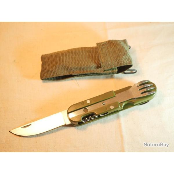 Ensemble canif et couverts kaki avec �tui tissus kaki et crochet ceinturon type US ref EBR24COU001