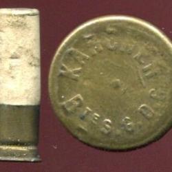 7 mm KARCHER &agrave; grenaille - &eacute;tui laiton et carton blanc - chargement poudre noire - circa 1875