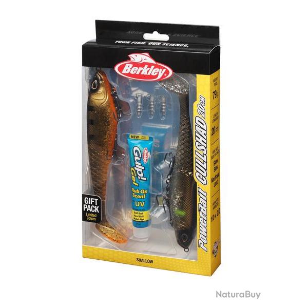 COFFRET CADEAU DE 2 LEURRES SOUPLES BERKLEY POWERBAIT CULLSHAD 20cm MONTES + ATTRACTANTS + MASSELOTT