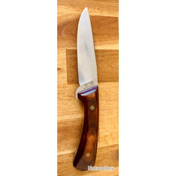 WESTERN W84 USA - Couteau de chasse vintage - Lame inox - Manche bois - �tui cuir