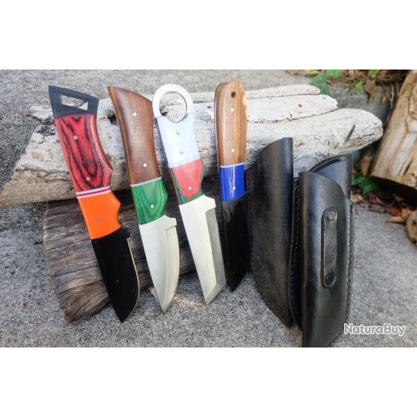 LOT DE 4 Couteau Tactical Urbain Lame Acier Carbone 1055 Manche Bois/R�sine Etui Fab Artisanale
