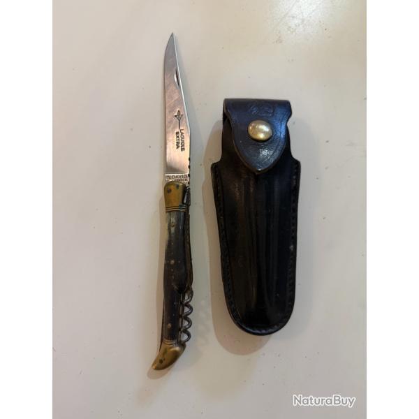 Ancien couteau Laguiole Extra � Arbal�te G. David, manche corne, mitres laiton, tire-bouchon + �tui