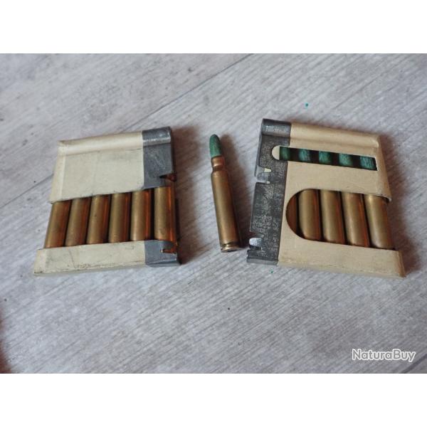 Lot de 6 Munitions tir r�duit neutralis�es + lame chargeur pour Rubin Schmidt 7,5 suisse Ogives bois