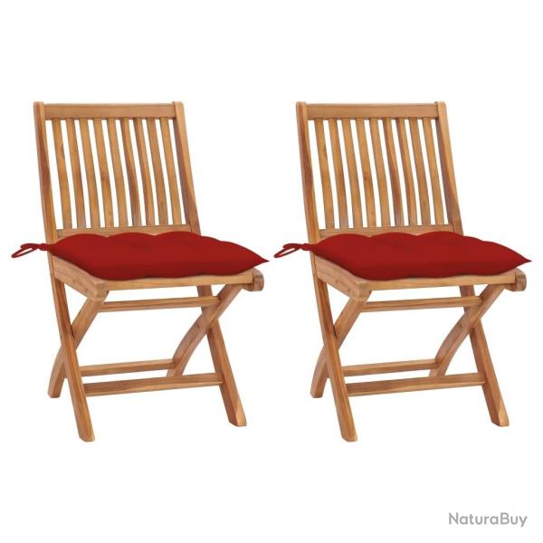 Chaises de jardin lot de 2 et coussins rouge Bois teck massif
