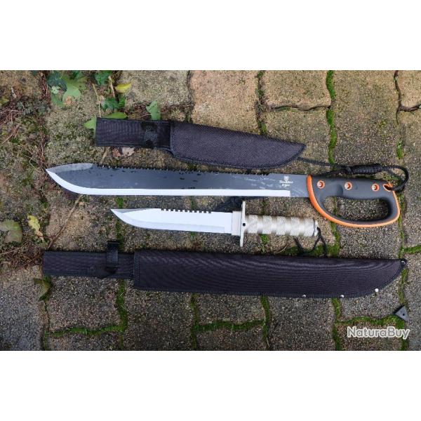 Set De Survie Jungle : Machette FARC Lame Acier 3Cr13 + Couteau Poignard Bowie Survie Etui Nylon