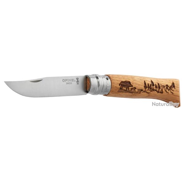 Couteau OPINEL 8 Inox Sanglier Ch�ne Opinel n�8 gravure Sanglier