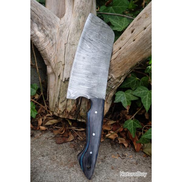 Couteau De Cuisine Couperet Style Serbe Lame Acier Damas 256 Couches Manche Bois Smoke Fab Artisan
