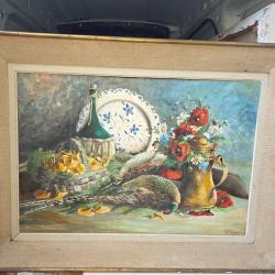 Grand tableau nature morte.Huile sur panneau faisan et b&eacute;casse. H&eacute;l&egrave;ne Rynders