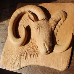 Tableau bois T&ecirc;te de mouflon sculpt&eacute;e