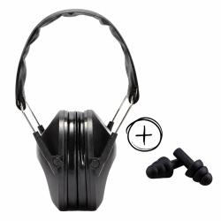 Casque anti-bruits r&eacute;glable et pliable noir sous blister + bouchons d'oreilles r&eacute;utilisables