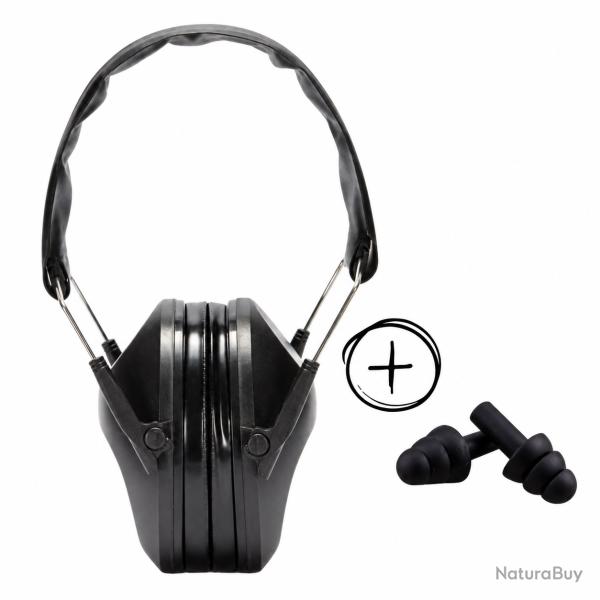 Casque anti-bruits r�glable et pliable noir sous blister + bouchons d'oreilles r�utilisables