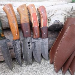 Lot de 5 Skinner Poignard Couteau Damas Lame 256 Couches Manche Bois/R&eacute;sine F Artisanale Etui Cuir