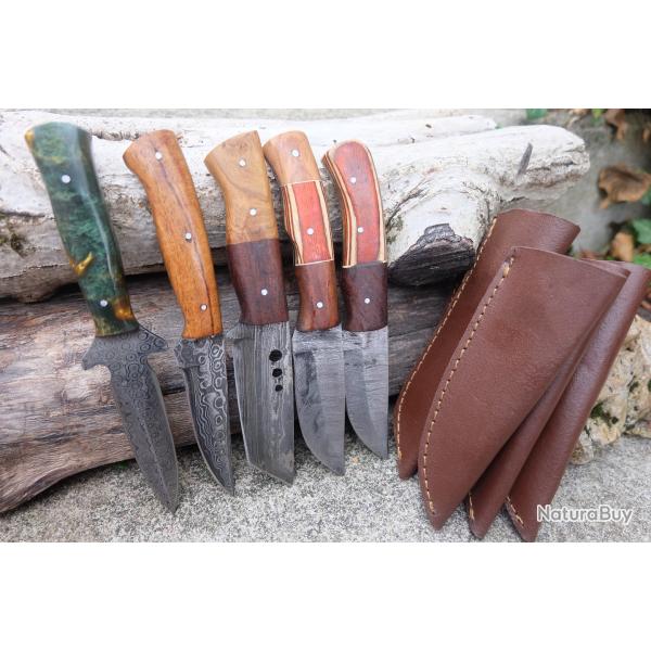 Lot de 5 Skinner Poignard Couteau Damas Lame 256 Couches Manche Bois/R�sine F Artisanale Etui Cuir