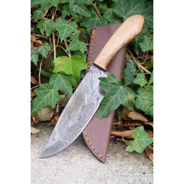 Couteau Bowie Bushcraft Chasse Lame Acier Damas 256 Couches Manche Bois Etui Cuir Fabr Artisanale