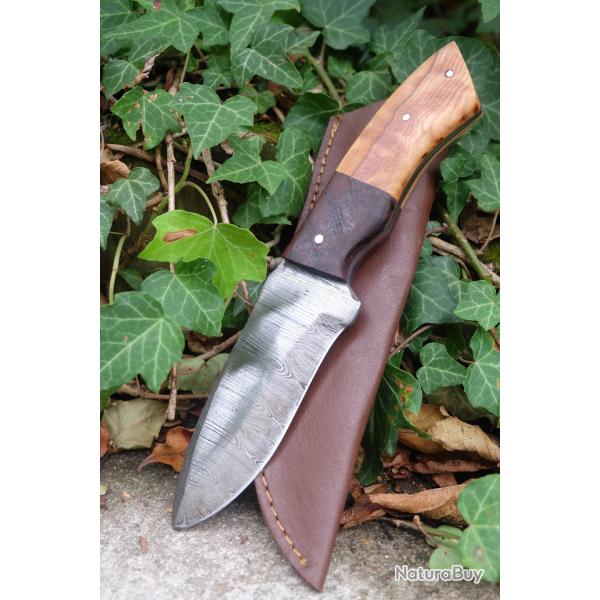 Skinner Couteau Damas Lame 256 Couches Lame Drop Point Manche 2 Bois Fabr Artisanale Etui Cuir