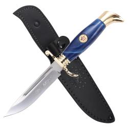 Couteau Fixe MTech Lame Acier 3Cr13 Manche POM Bleu &Eacute;tui Cuir MTFIX009BL