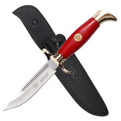 Couteau Fixe MTech Lame Acier 3Cr13 Manche POM Rouge &Eacute;tui Cuir MTFIX009RD