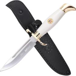 Couteau Fixe MTech Lame Acier 3Cr13 Manche POM Blanc &Eacute;tui Cuir MTFIX009WH