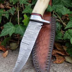 Couteau Poignard Lame Acier Damas 256 Couches Manche Os Garde Nickel Etui Cuir Fabric Artisanale