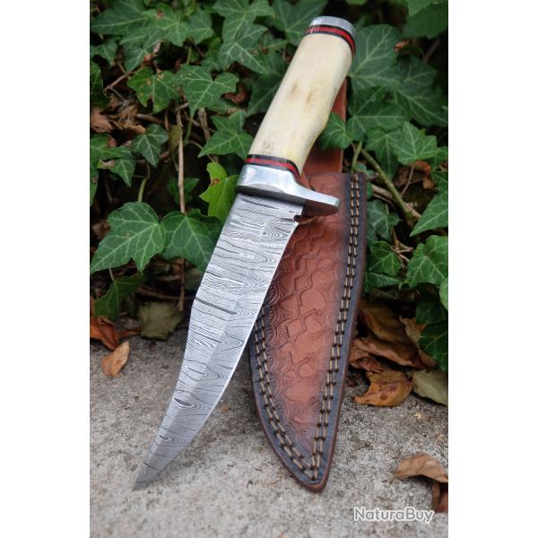 Couteau Poignard Lame Acier Damas 256 Couches Manche Os Garde Nickel Etui Cuir Fabric Artisanale