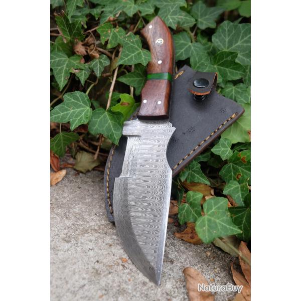 Couteau Bushcraft Trakker Survie Lame Acier Damas 256 Couches Manche Bois Etui Nylon Fabr Artisanale