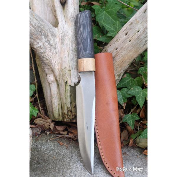 Poignard Puukko Couteau Lame Acier Carbone 1055 Clip Point Manche Bois Fab Artisanale Etui Cuir