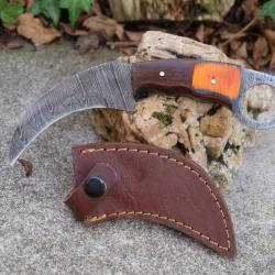 Couteau Karambit Lame Acier Damas 256 Couches Manche 2 Bois Etui Cuir Fabr Artisanale 01