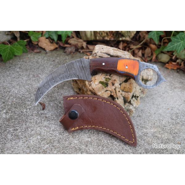 Couteau Karambit Lame Acier Damas 256 Couches Manche 2 Bois Etui Cuir Fabr Artisanale 01